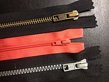 Zippers with common teeth variations: metal teeth (top), coil teeth and plastic teeth
